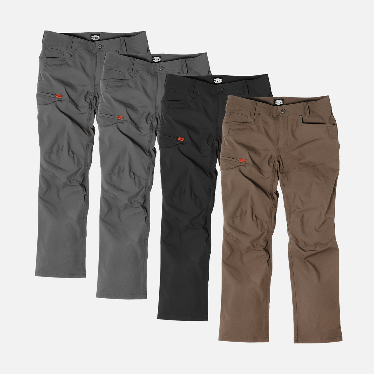 Four BRUNT water-resistant lightweight breathable costello work pant in charcoal, black and brown