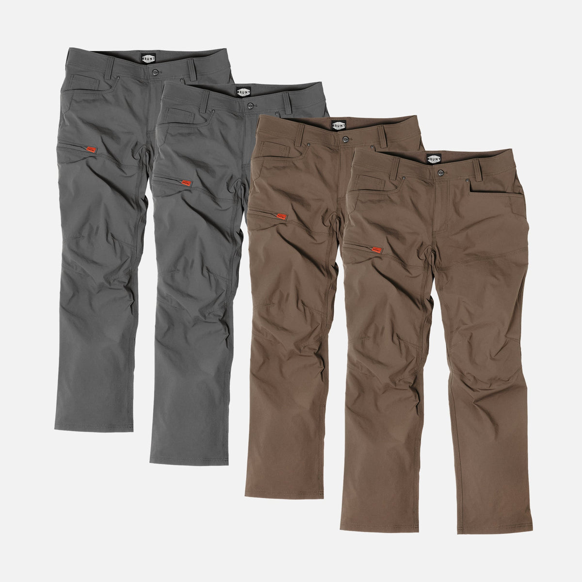 Four BRUNT water-resistant lightweight breathable costello work pant in charcoal and brown