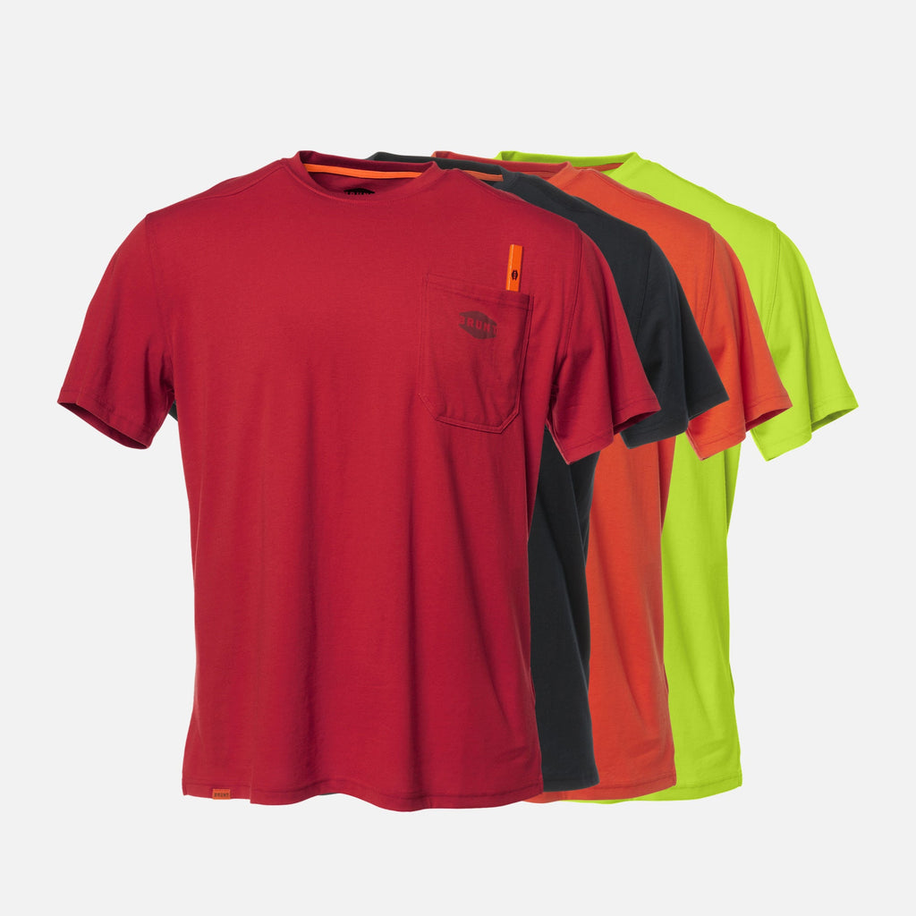 Front of chest pocket with pencil slot of the BRUNT high quality short sleeve pocket tee in red, black, BRUNT orange and safety yellow