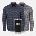 Two BRUNT comfortable stretch work flannel in blue plaid and grey plaid with 20oz BRUNT tumbler in black