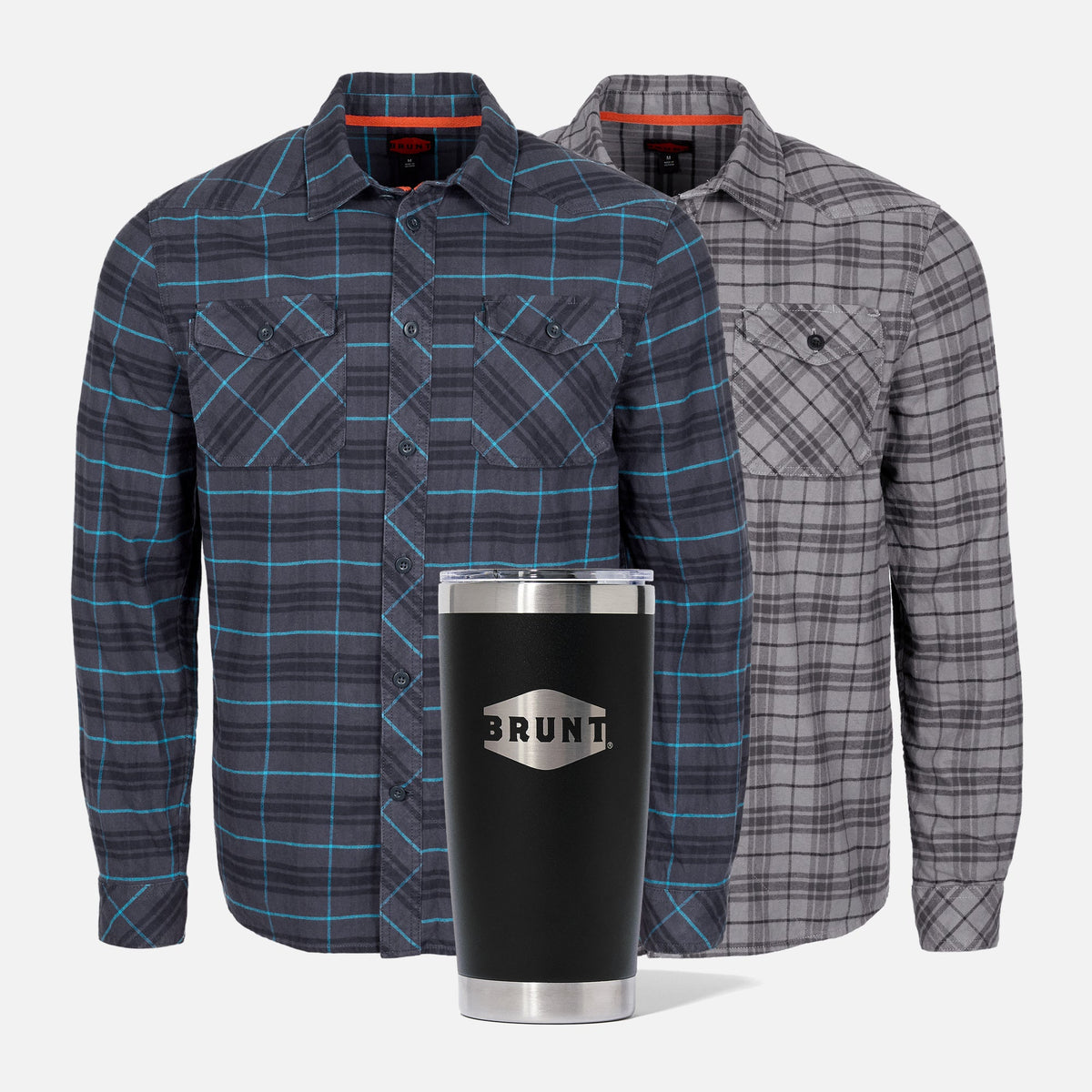 Two BRUNT comfortable stretch work flannel in blue plaid and grey plaid with 20oz BRUNT tumbler in black