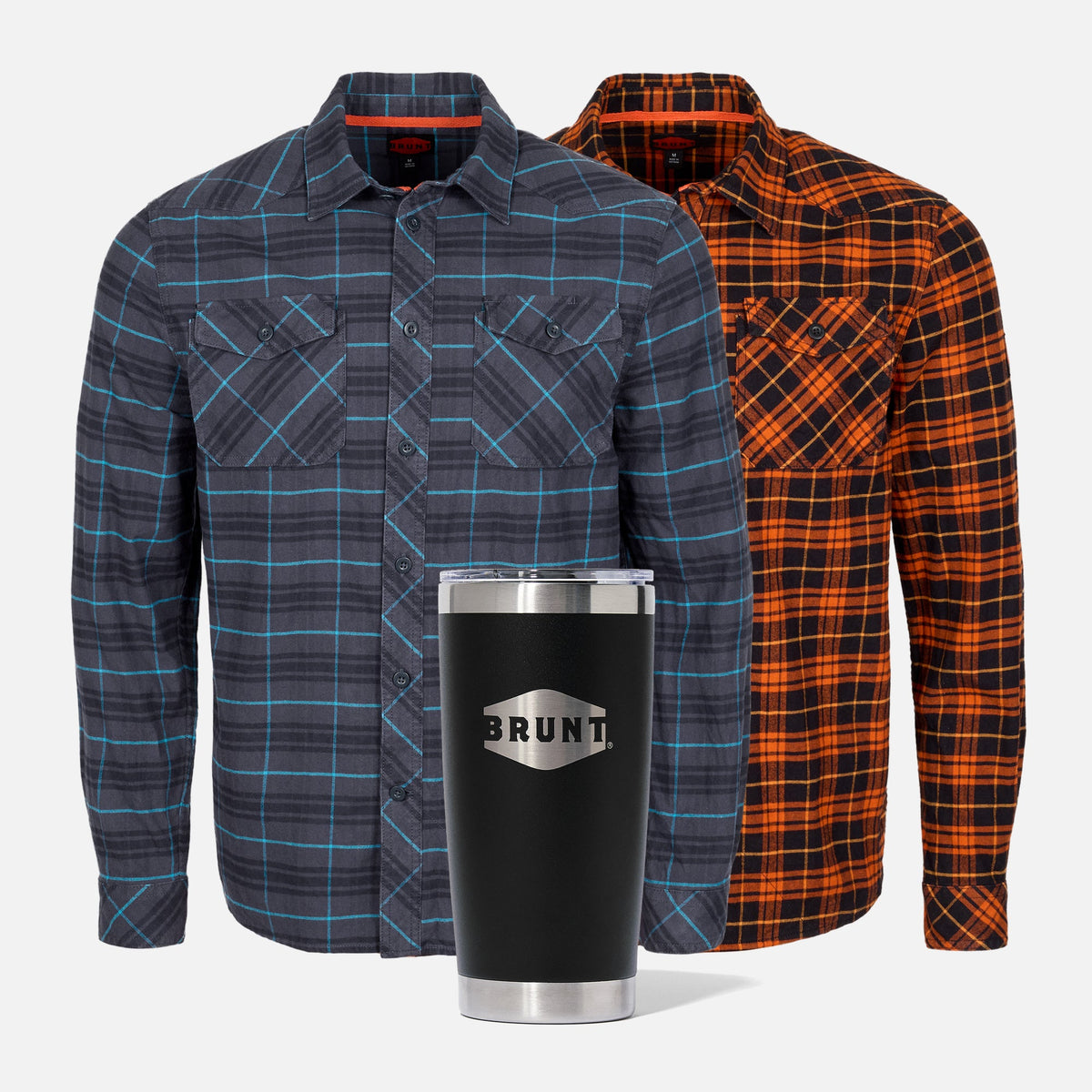 Two BRUNT comfortable stretch work flannel in blue plaid and orange plaid with 20oz BRUNT tumbler in black