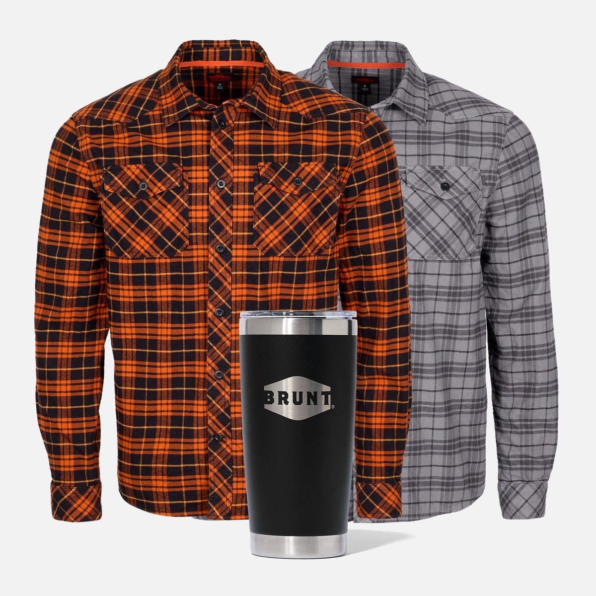 Two BRUNT comfortable stretch work flannel in orange plaid and grey plaid with 20oz BRUNT tumbler in black