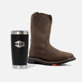 BRUNT 10 inch waterproof square toe work boot in dark brown and 20oz BRUNT tumbler in black