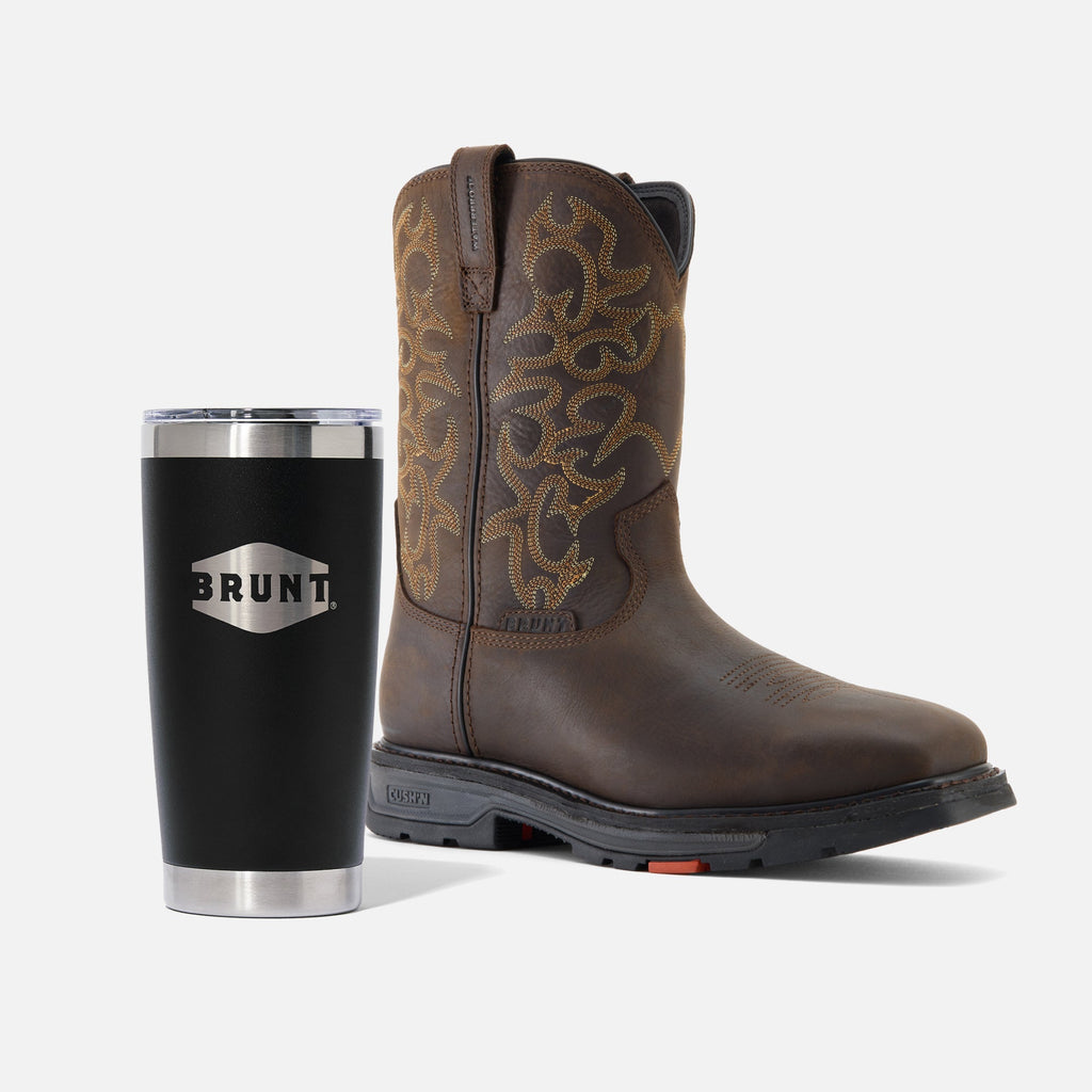 BRUNT 10 inch welted waterproof square toe work boot in dark brown with BRUNT 20oz tumbler in black