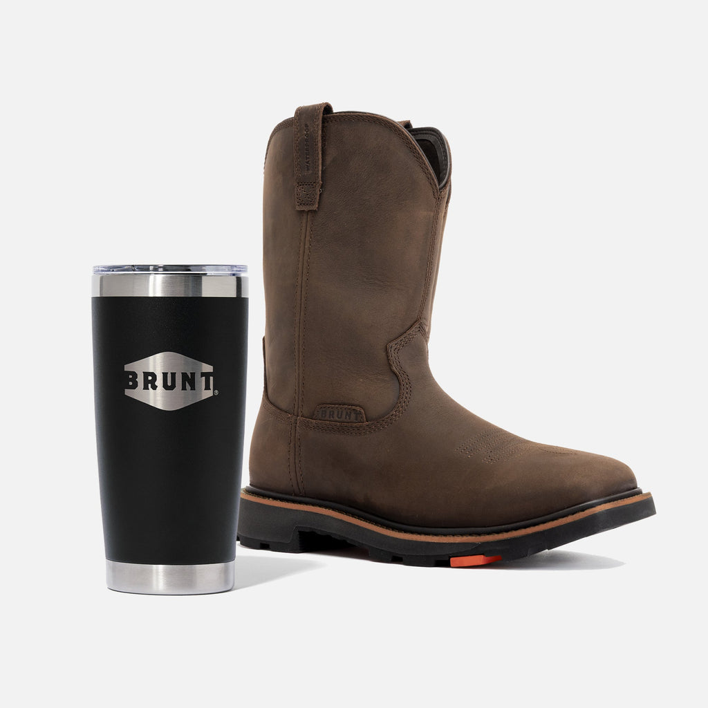 BRUNT 10 inch waterproof composite square toe work boot in dark brown and 20oz BRUNT tumbler in black