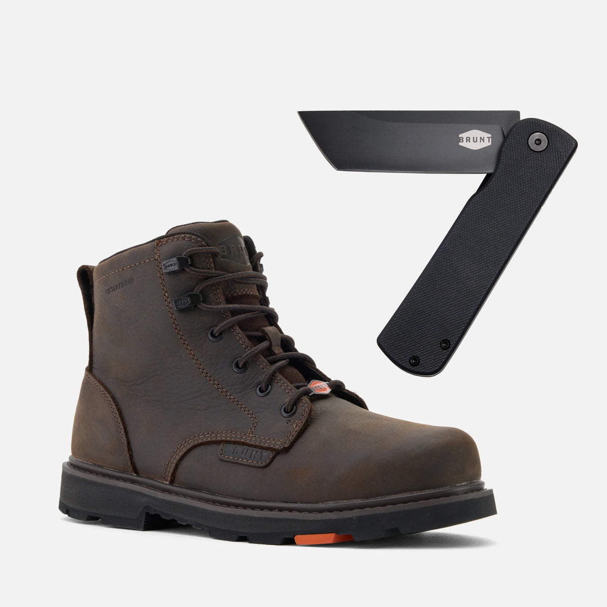 BRUNT 6 inch waterproof sullivan work boot in dark tan and BRUNT pocket knife