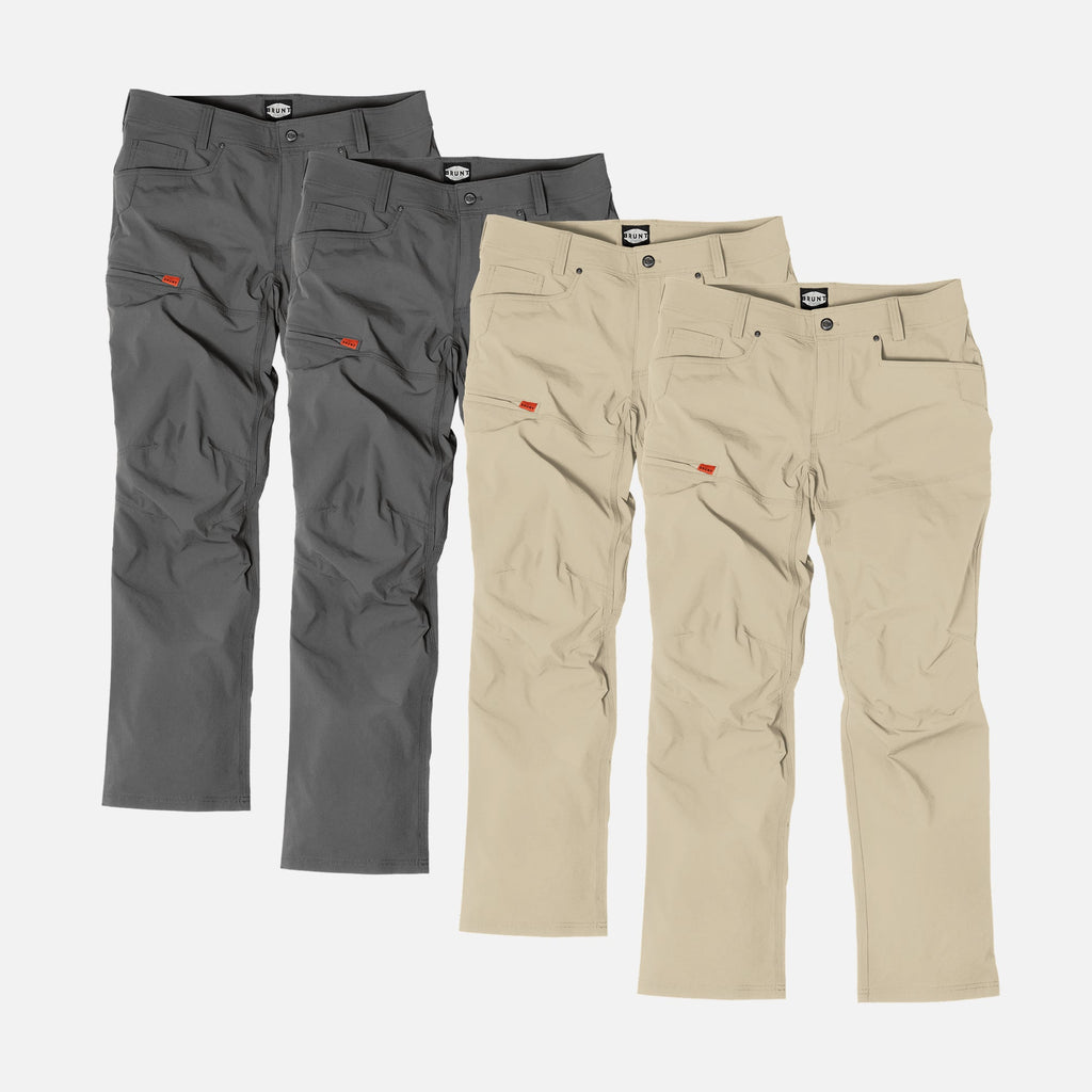 Four BRUNT water-resistant lightweight breathable costello work pant in charcoal and khaki