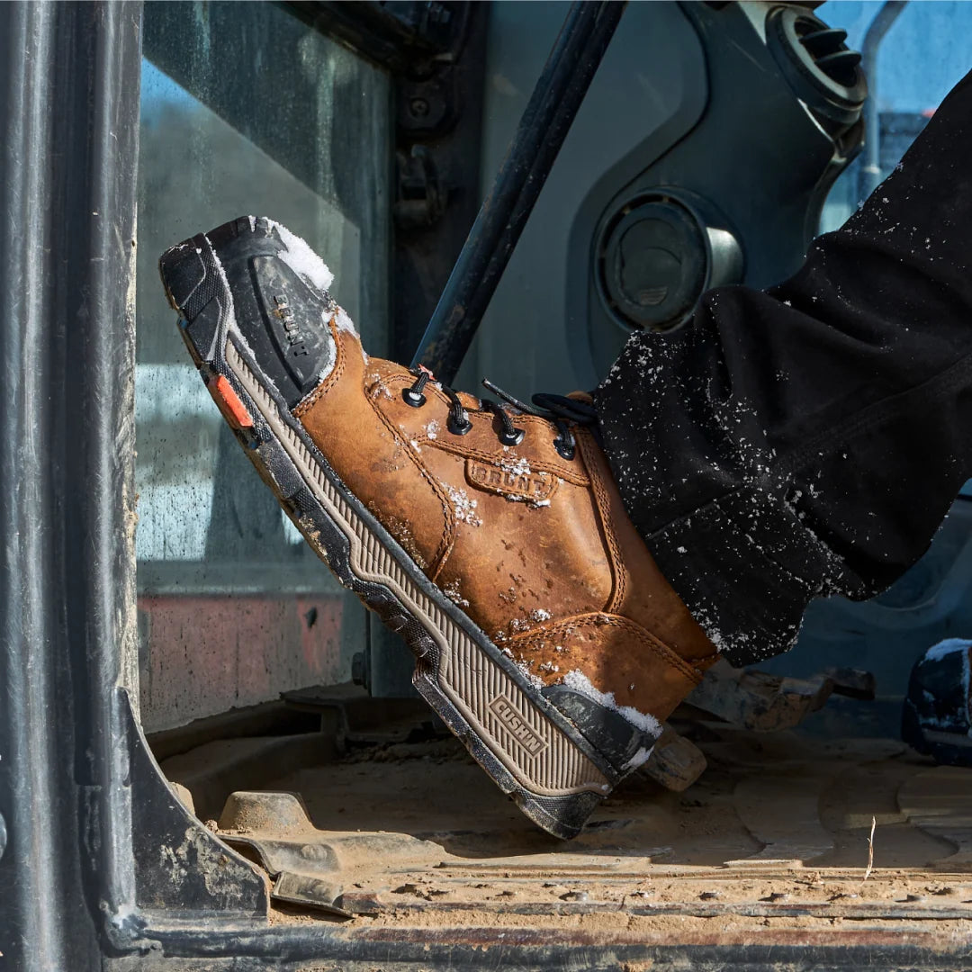 BRUNT 8 inch 600 gram insulated 90 degree heel work boot in brown on the jobsite