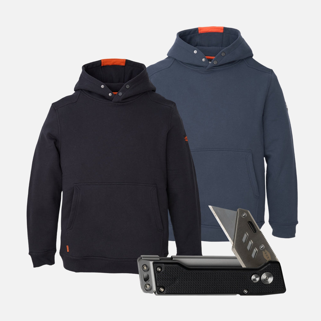 Two BRUNT water resistant shevlin work hoodies in black and navy with BRUNT box cutter