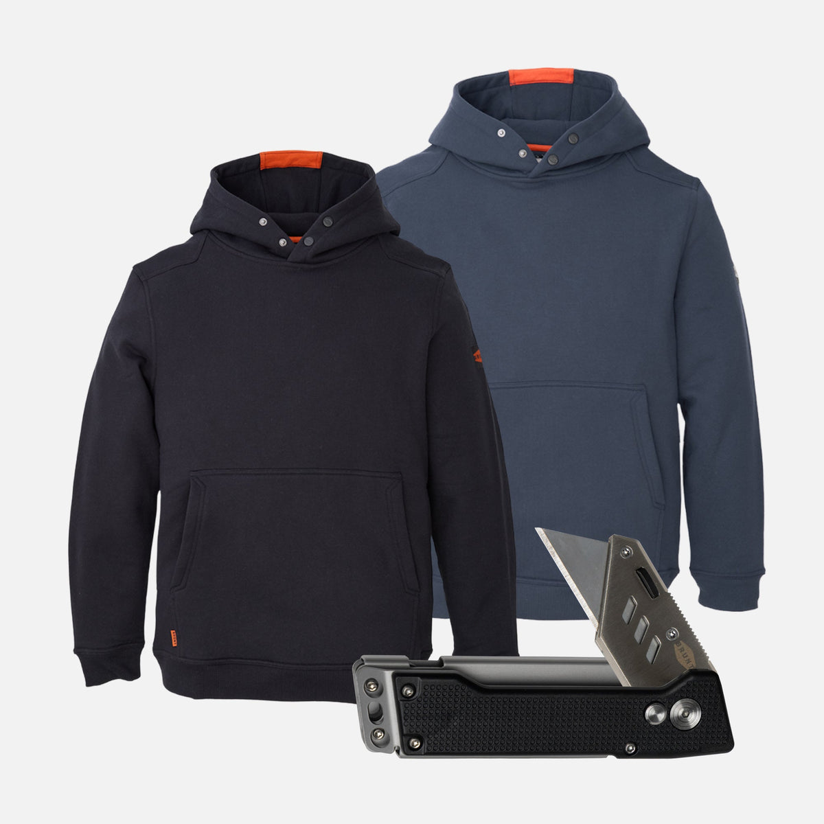 Two BRUNT water resistant shevlin work hoodies in black and navy with BRUNT box cutter
