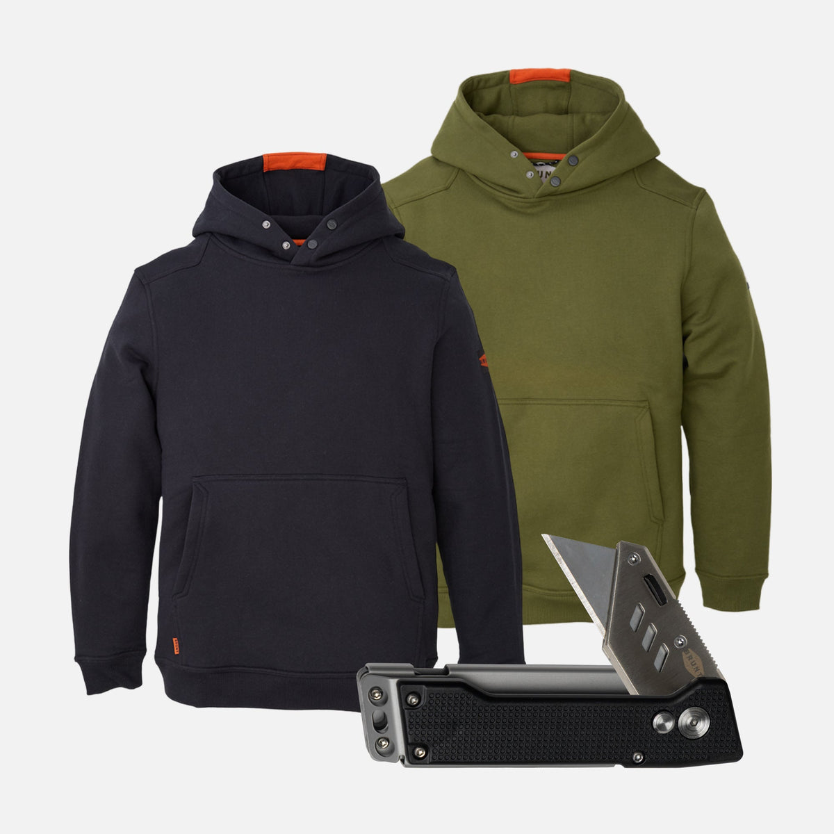 Two BRUNT water resistant shevlin work hoodies in black and hunter green with BRUNT box cutter