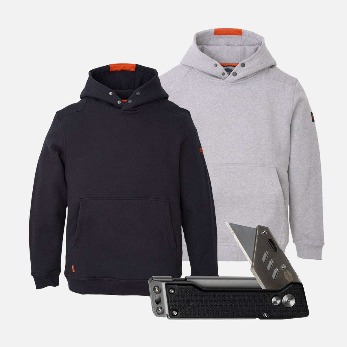 Two BRUNT water resistant shevlin work hoodies in black and grey heather with BRUNT box cutter