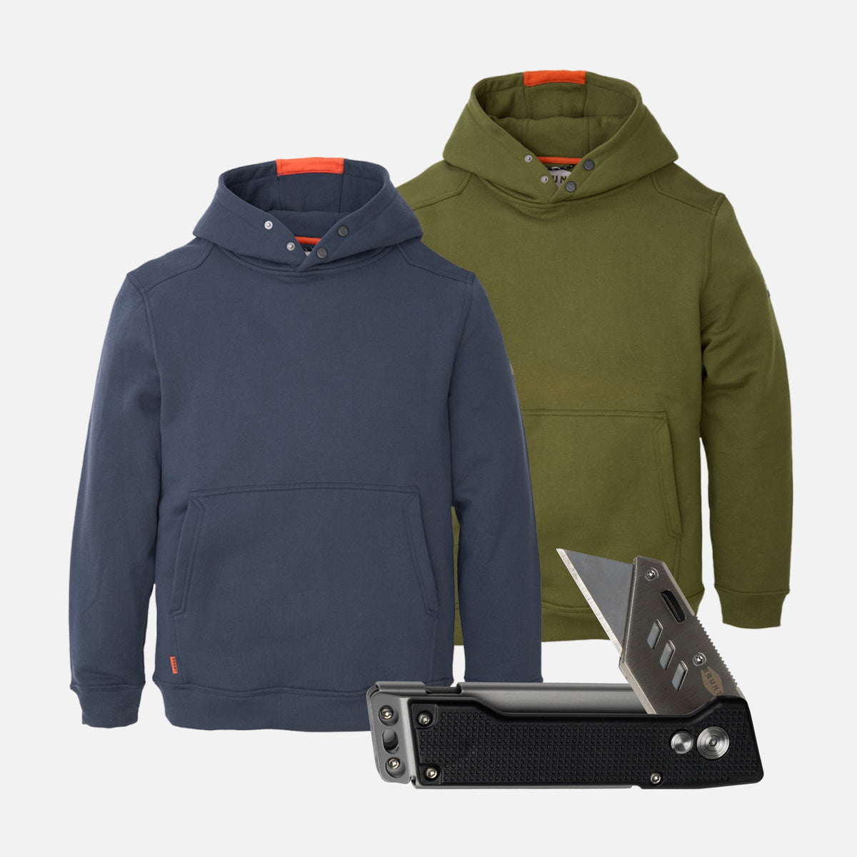 Two BRUNT water resistant shevlin work hoodies in navy and hunter green with BRUNT box cutter