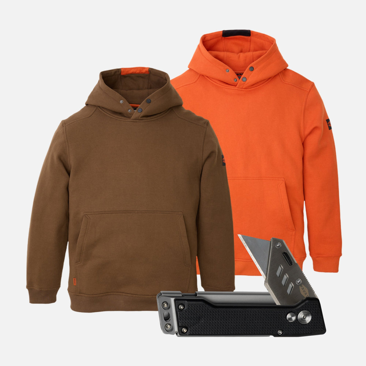 Two BRUNT water resistant shevlin work hoodies in brown and BRUNT orange with BRUNT box cutter