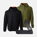 Two BRUNT water resistant shevlin work quarter zip hoodie in black and hunter green with BRUNT pocket tee