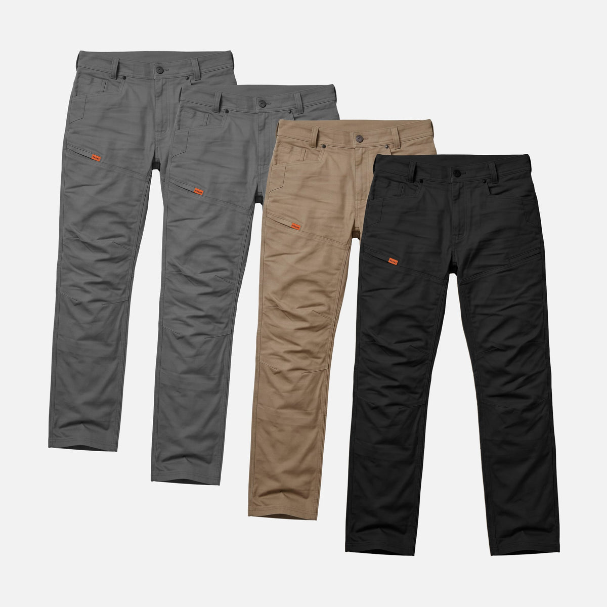 Four of the BRUNT water resistant double knee cargo pants in charcoal, tan and black