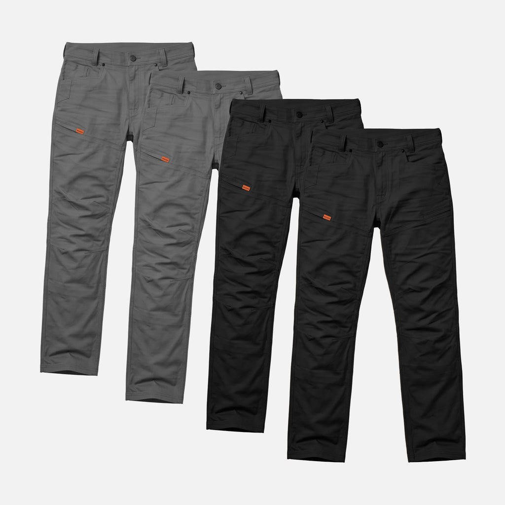 Four of the BRUNT water resistant double knee cargo pants in charcoal and black
