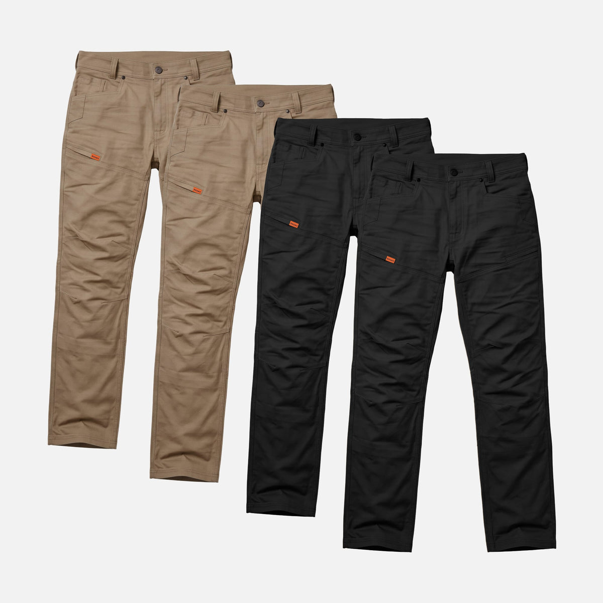 Four of the BRUNT water resistant double knee cargo pants in tan and black