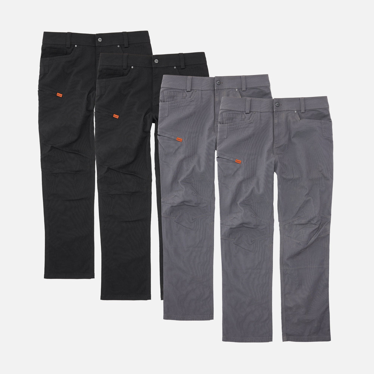 Four BRUNT water resistant stretch torra work pant in black and charcoal