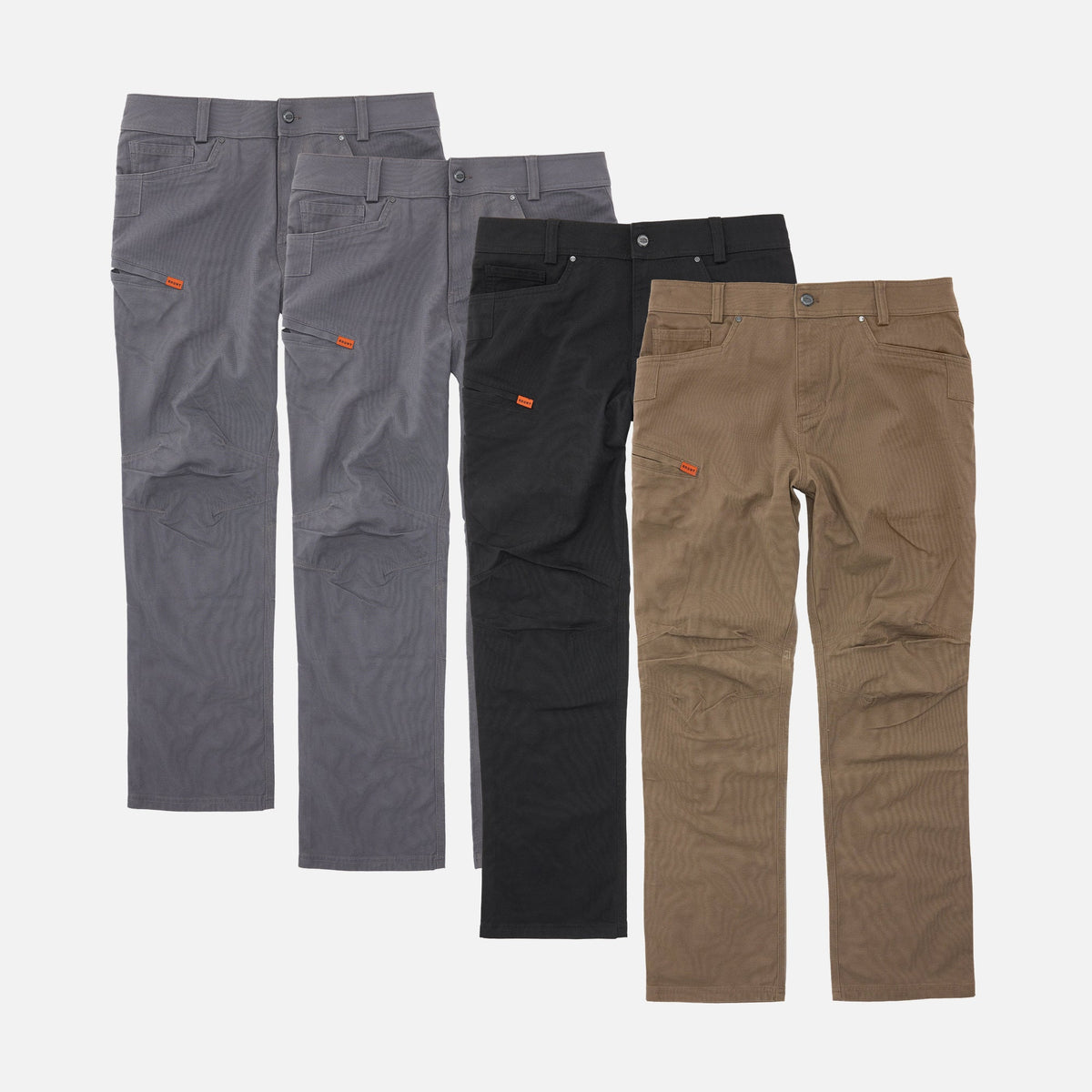 Four BRUNT water resistant stretch torra work pant in charcoal, black and brown