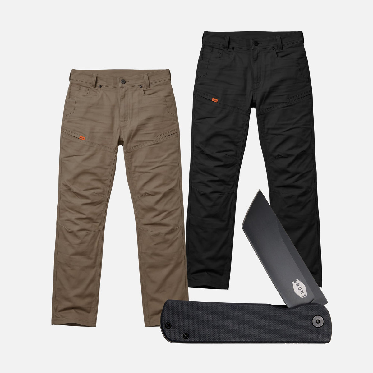 Two of the BRUNT water resistant double knee cargo pants in brown and black with BRUNT pocket knife