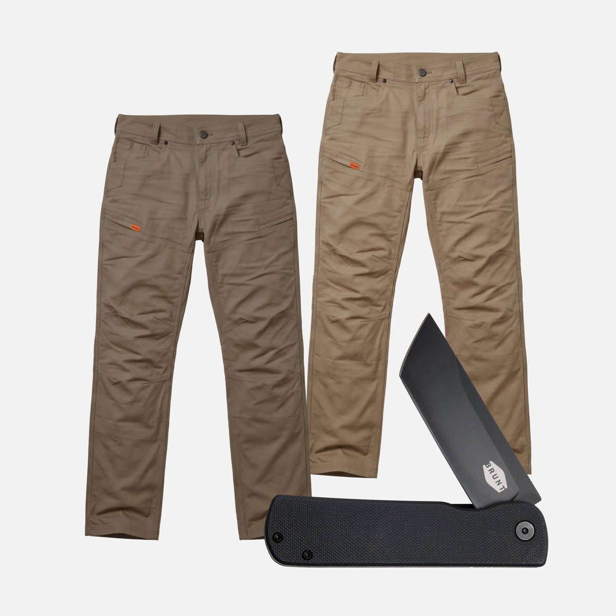 Two of the BRUNT water resistant double knee cargo pants in brown and tan with BRUNT pocket knife