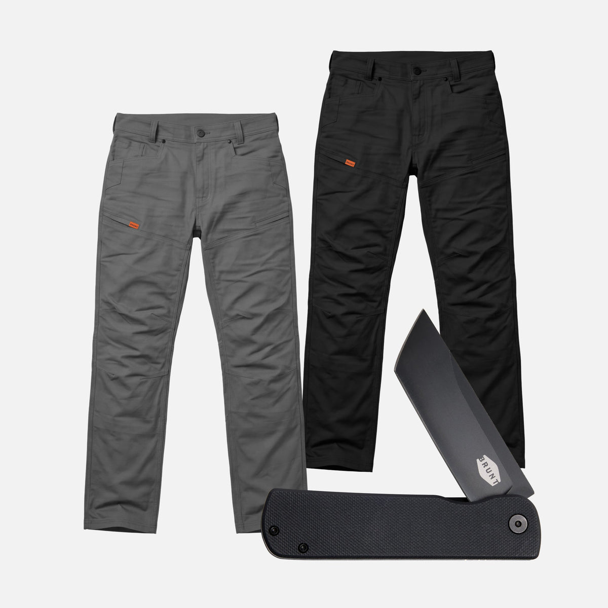 Two of the BRUNT water resistant double knee cargo pants in charcoal and black with BRUNT pocket knife
