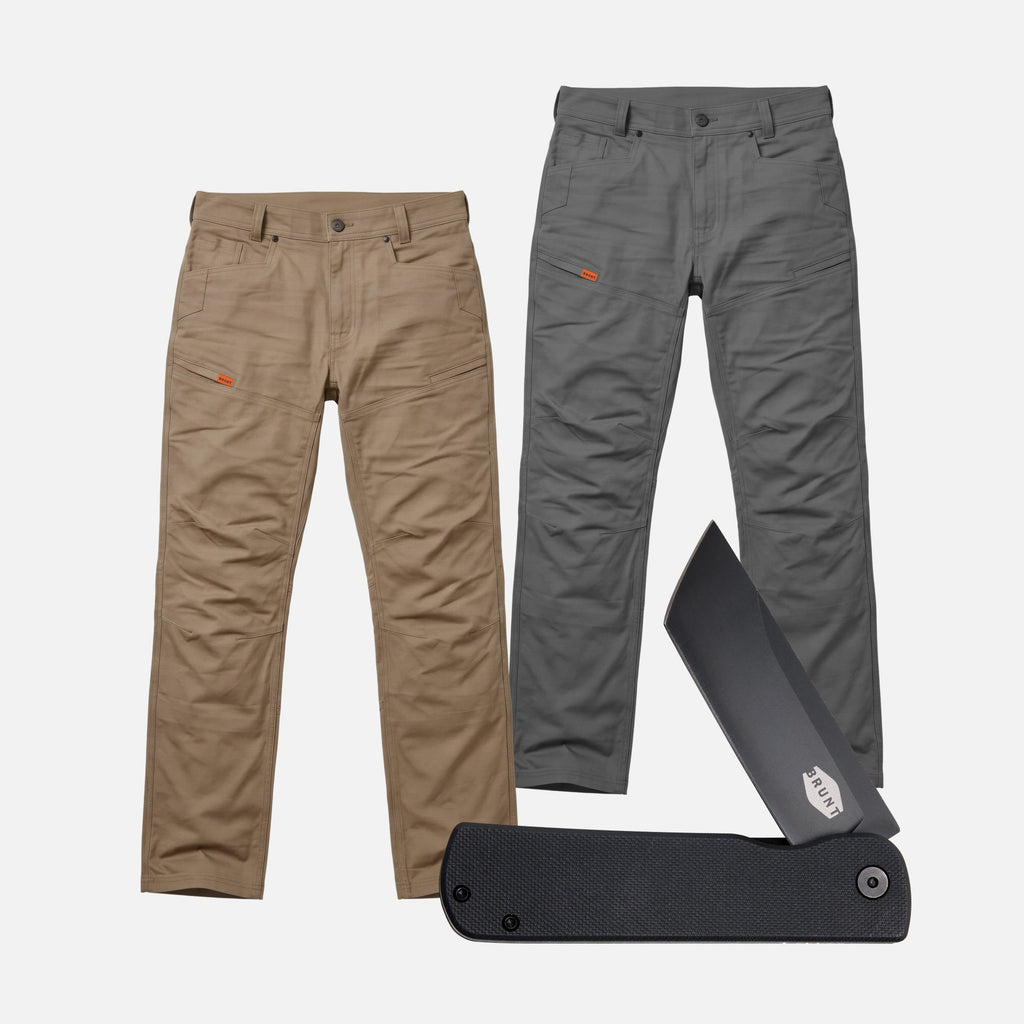 Two of the BRUNT water resistant double knee cargo pants in tan and charcoal with BRUNT pocket knife