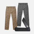 Two of the BRUNT water resistant double knee cargo pants in tan and charcoal with BRUNT pocket knife