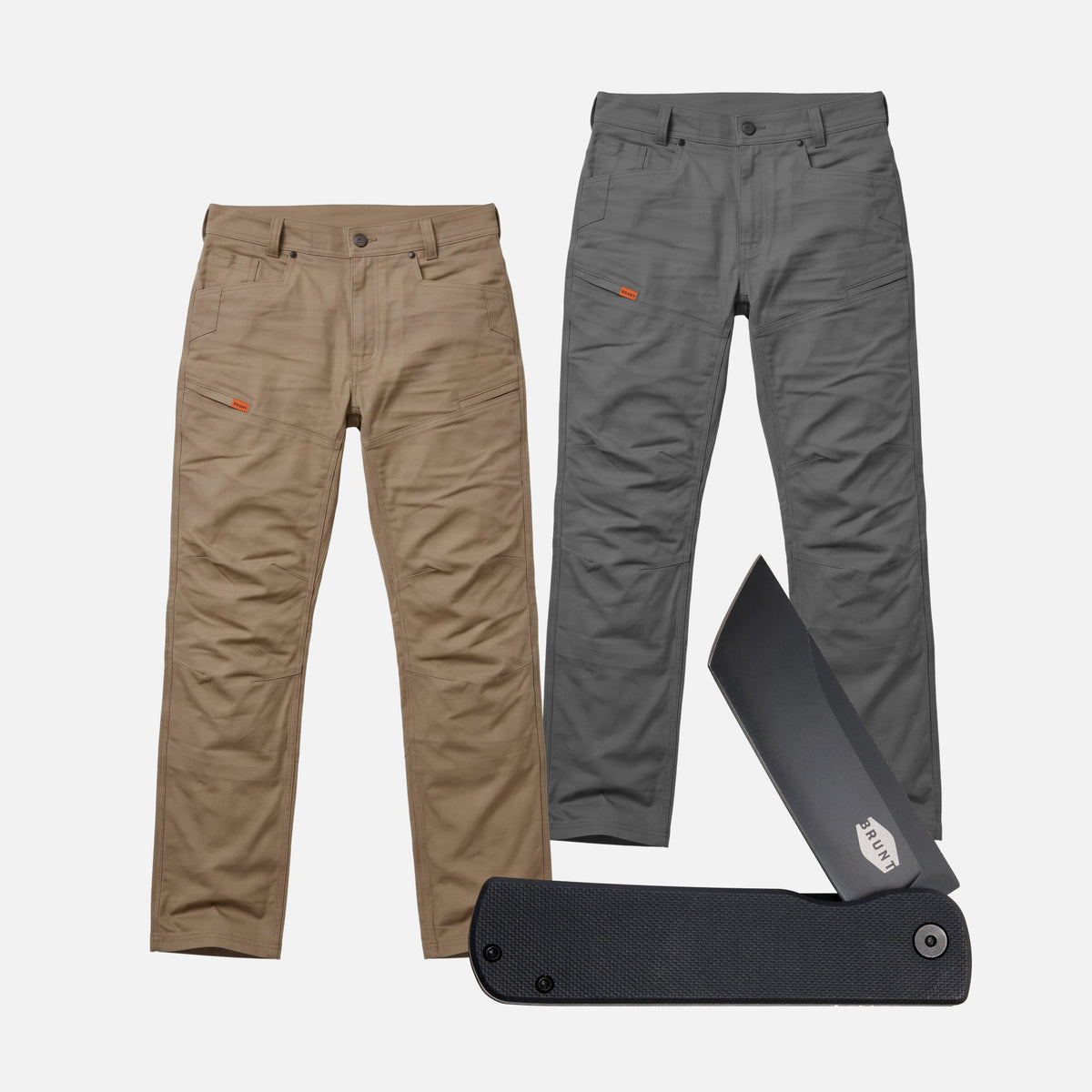 Two of the BRUNT water resistant double knee cargo pants in tan and charcoal with BRUNT pocket knife