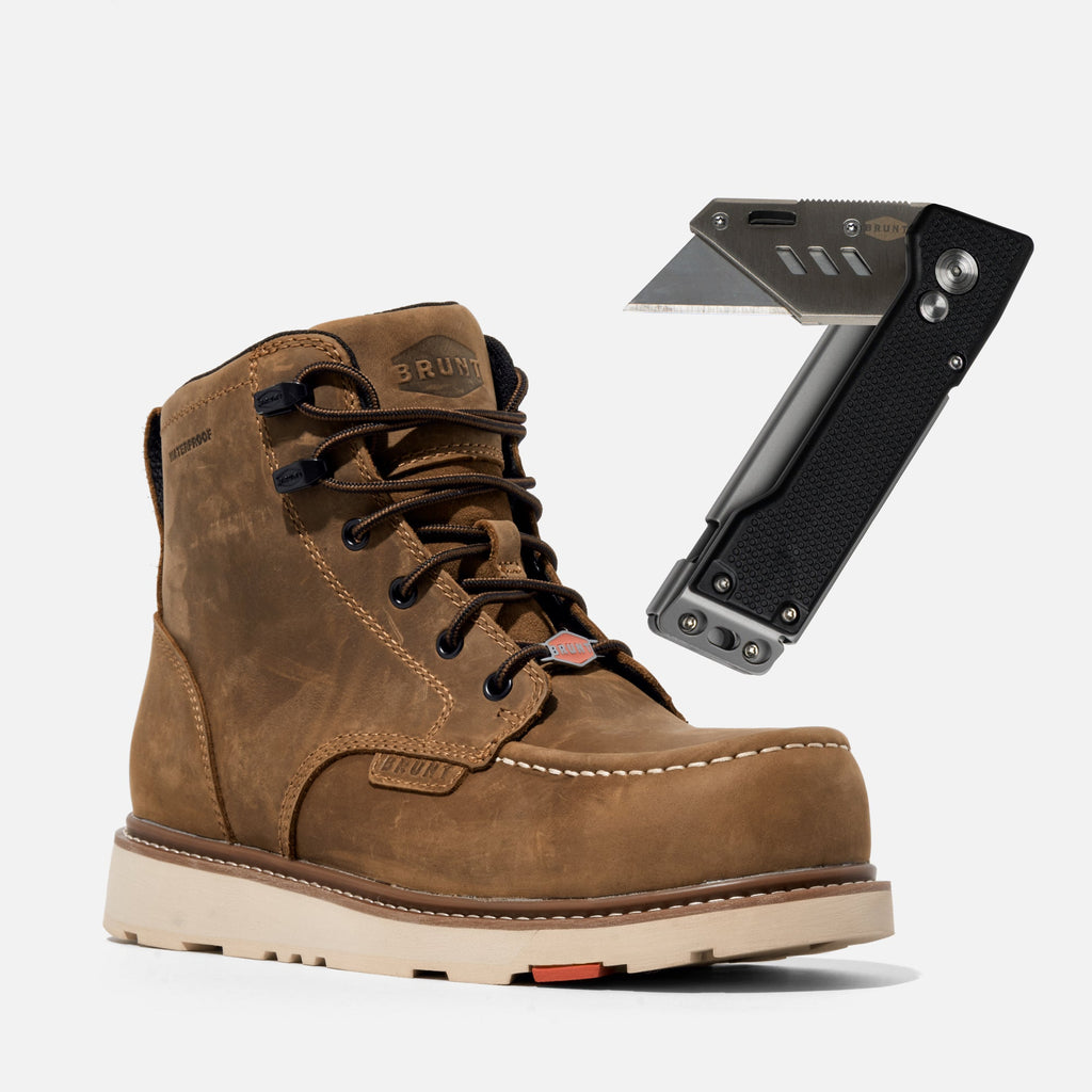 BRUNT 6 inch waterproof composite toe marin work boot in brown and BRUNT box cutter