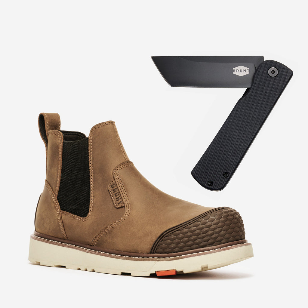 BRUNT 6 inch water-resistant slip-on reinforced composite toe ohman work boot in brown with BRUNT pocket knife