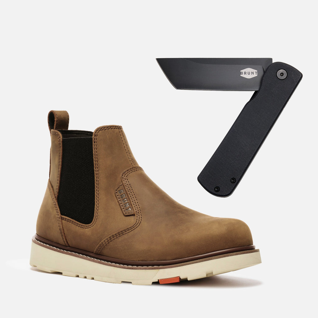BRUNT 6 inch water-resistant slip-on ohman work boot in brown with BRUNT pocket knife