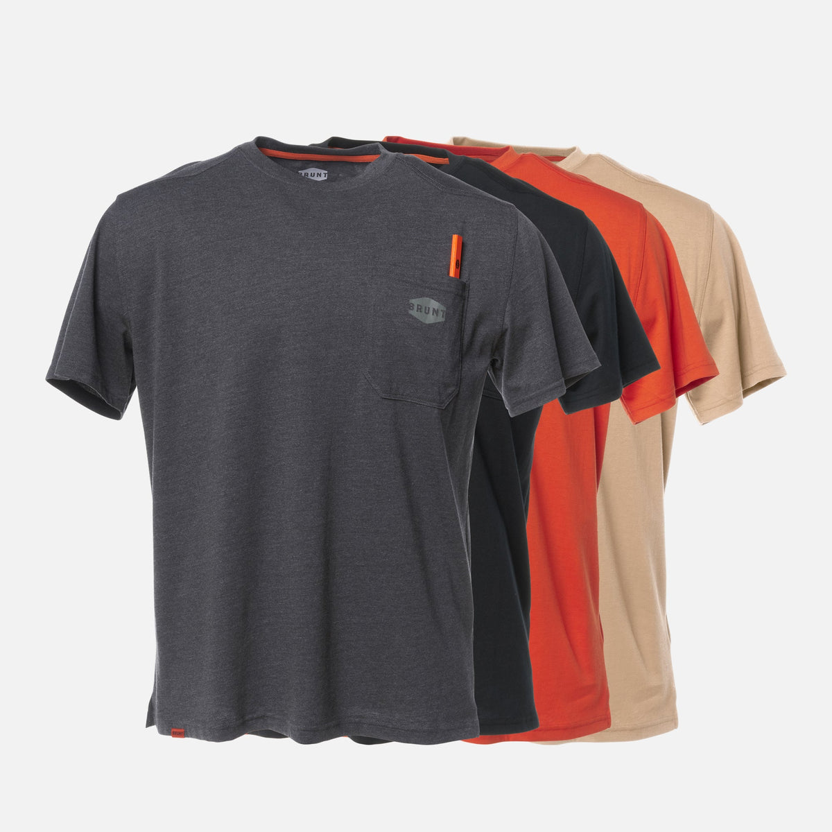 Front of the BRUNT high quality short sleeve pocket tee in dark grey heather, black, BRUNT orange and khaki
