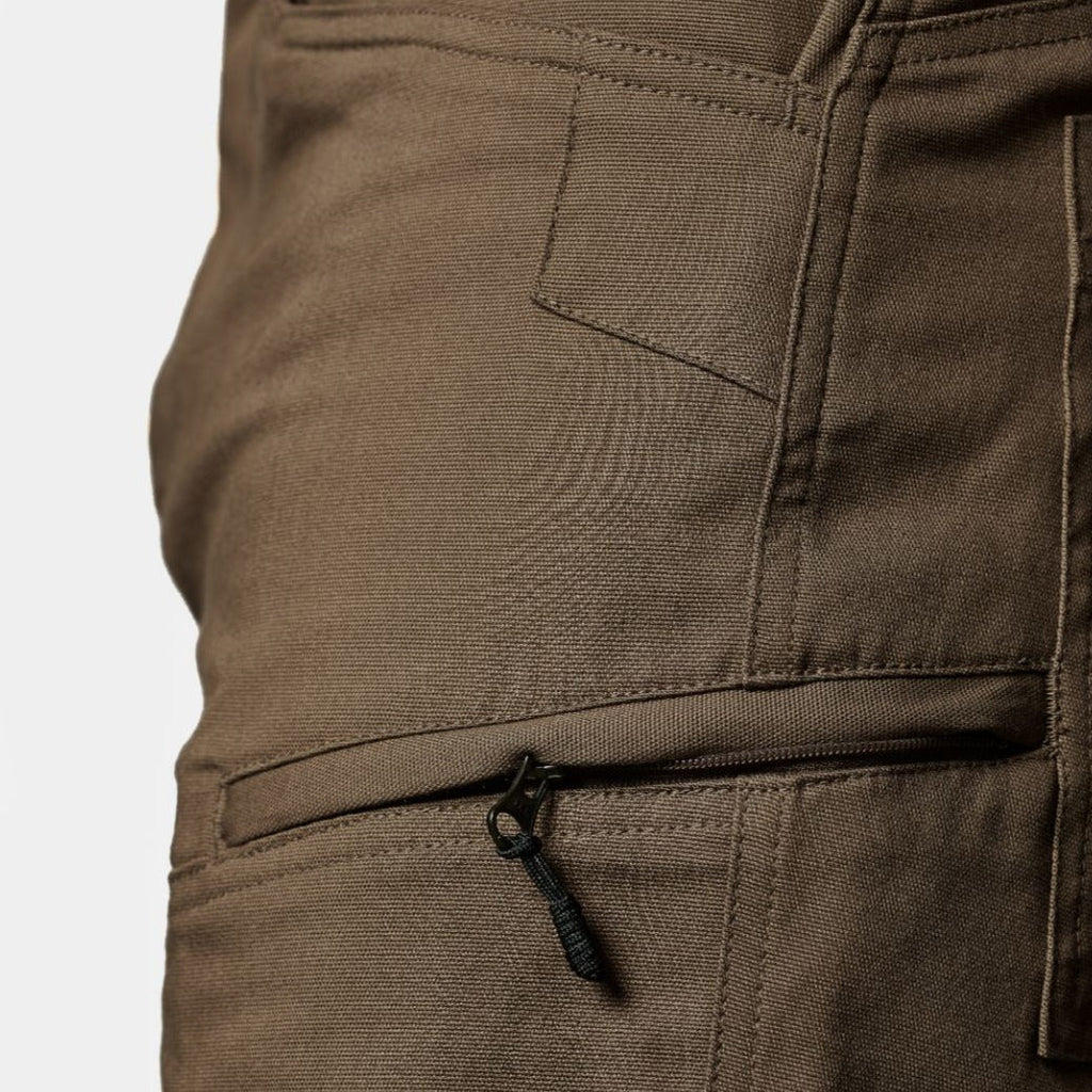 Zippered left pocket of BRUNT abrasion resistant torra hd work shorts in brown * 0