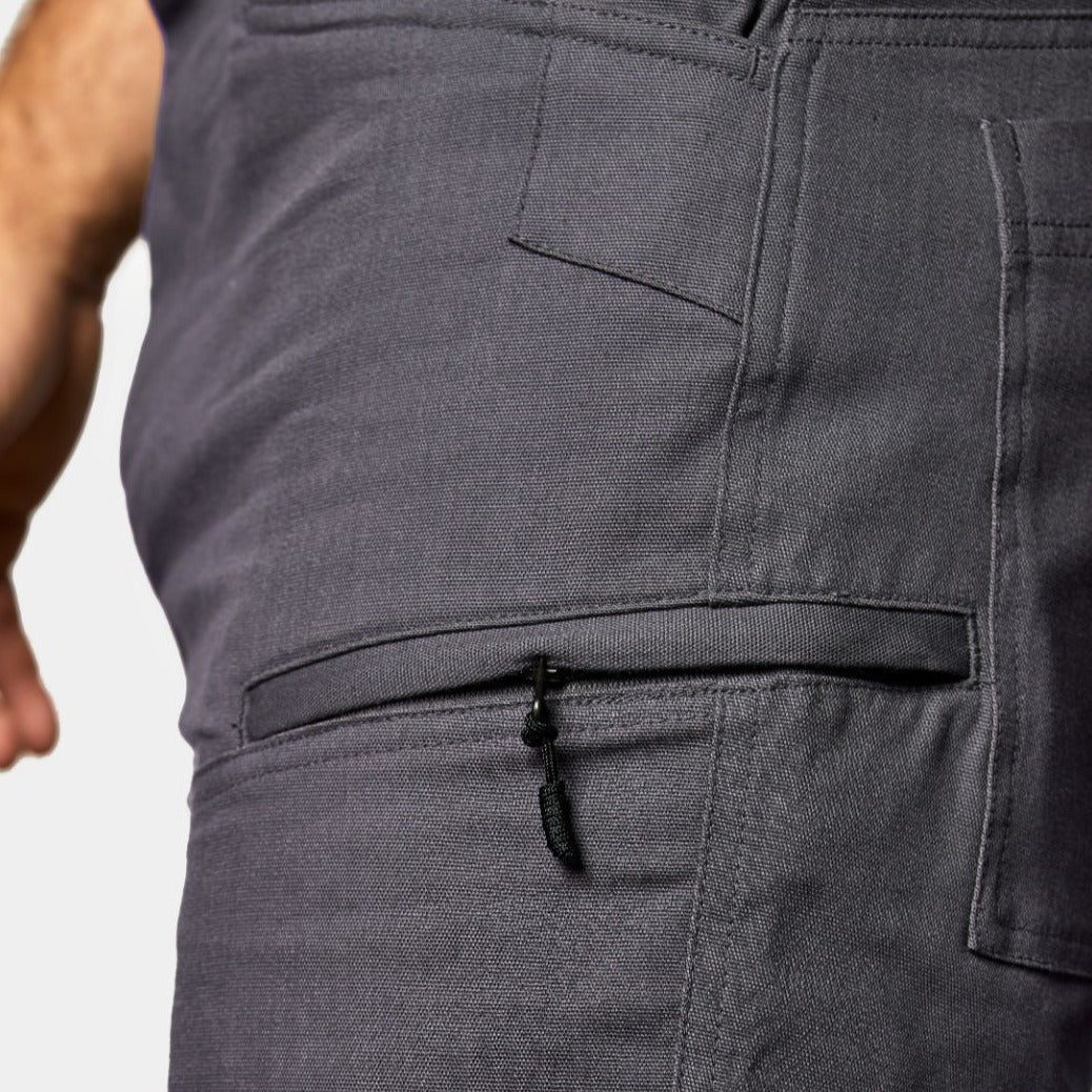Zippered left pocket of BRUNT abrasion resistant torra hd work shorts in charcoal * 2