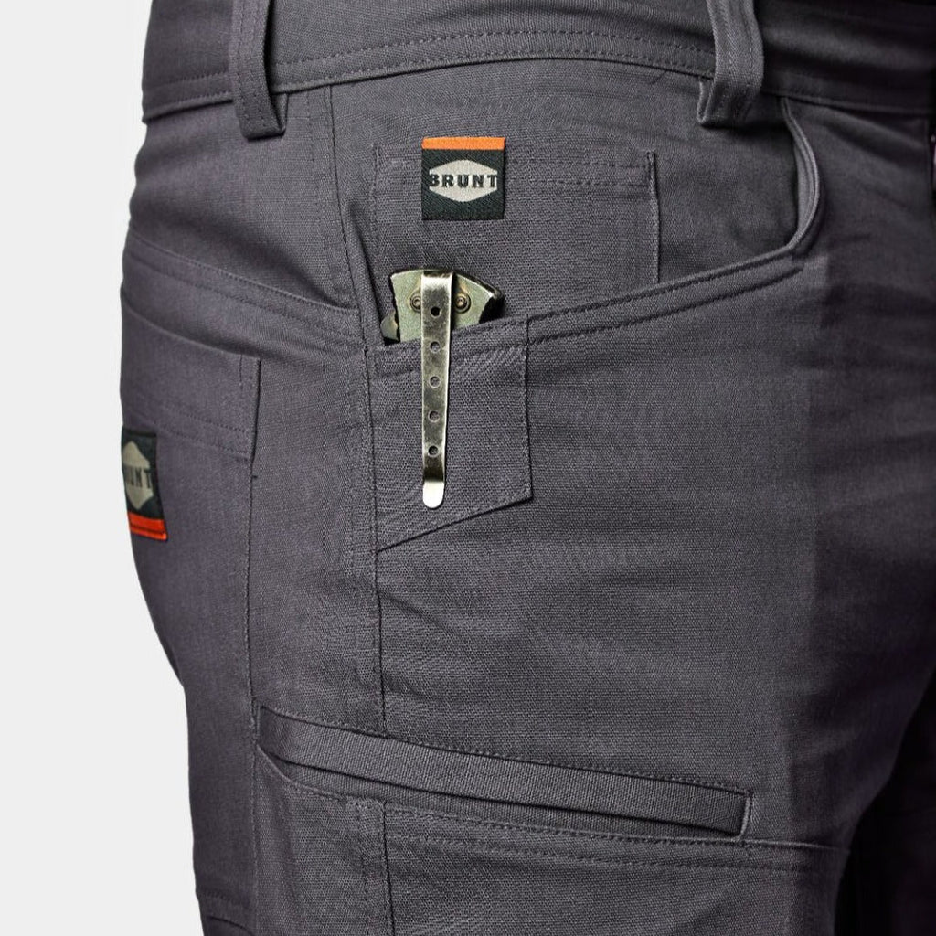 View 2 front pocket reinforcements of BRUNT abrasion resistant torra hd work shorts in charcoal to hold knife * 2