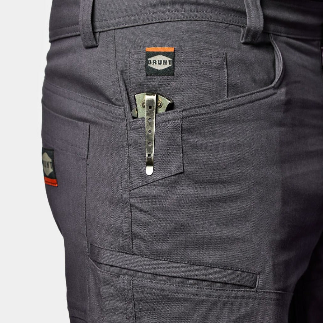 View 2 front pocket reinforcements of BRUNT abrasion resistant torra hd work shorts in charcoal to hold knife * 2