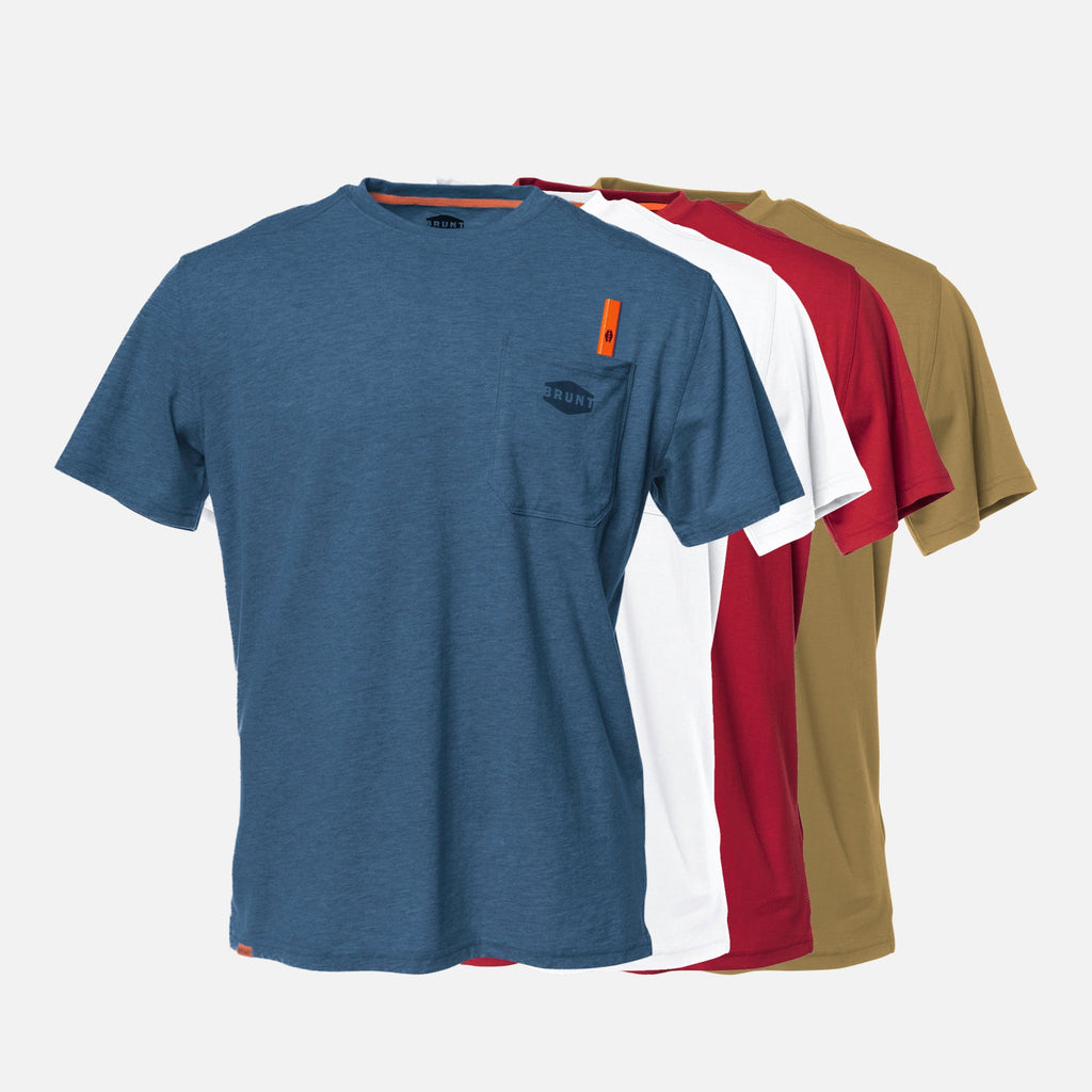 Front of the BRUNT high quality short sleeve pocket tee in blue heather, white, red and tan