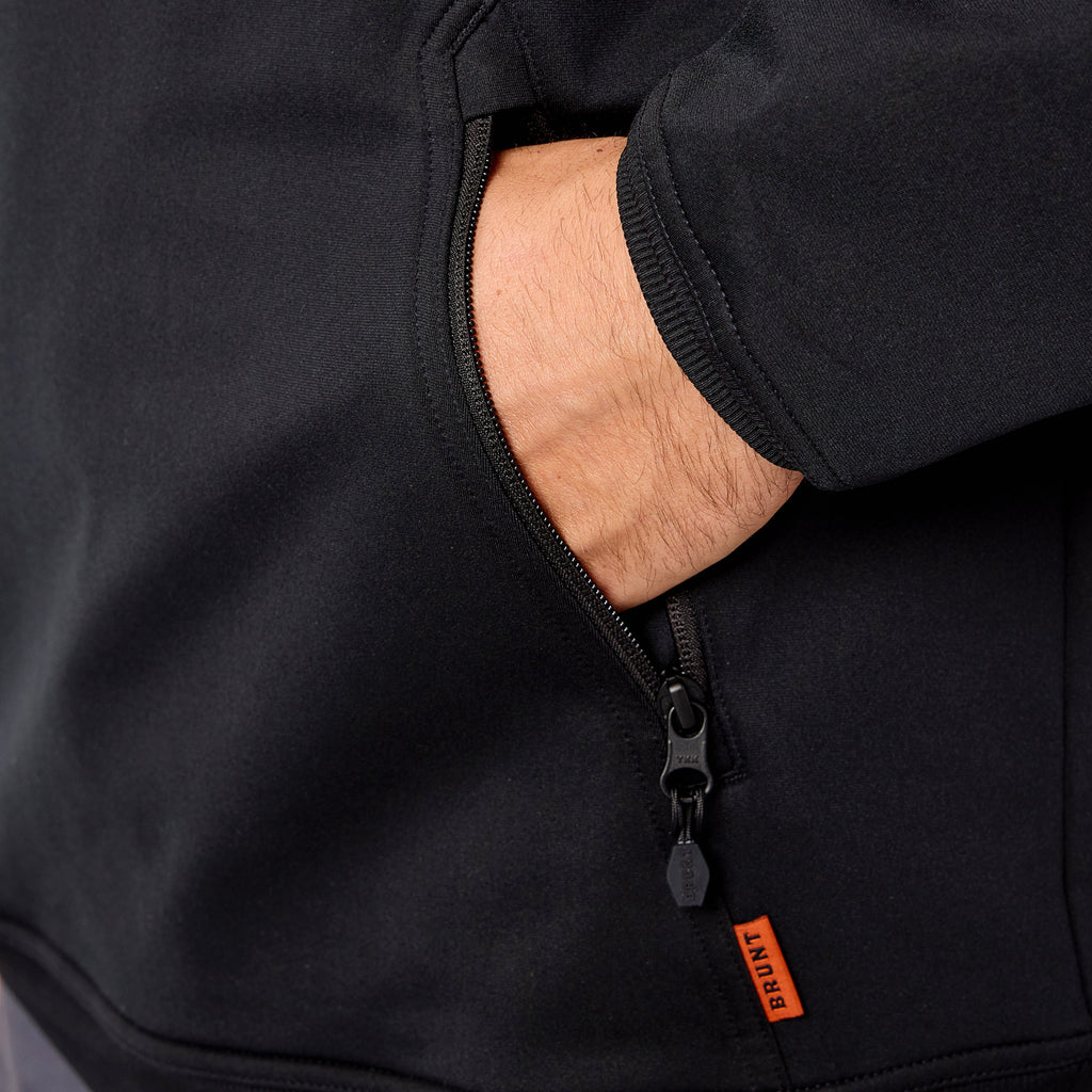 Front of hand pocket of the BRUNT light weight work hoodie in black * 1