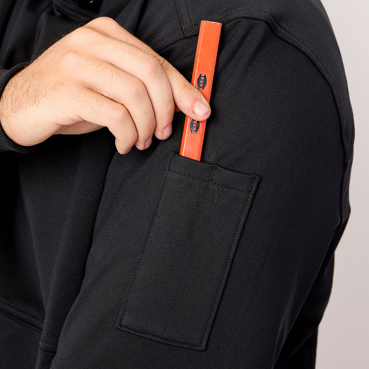 View 2 pencil pocket on sleeve of the BRUNT light weight work hoodie in black * 1