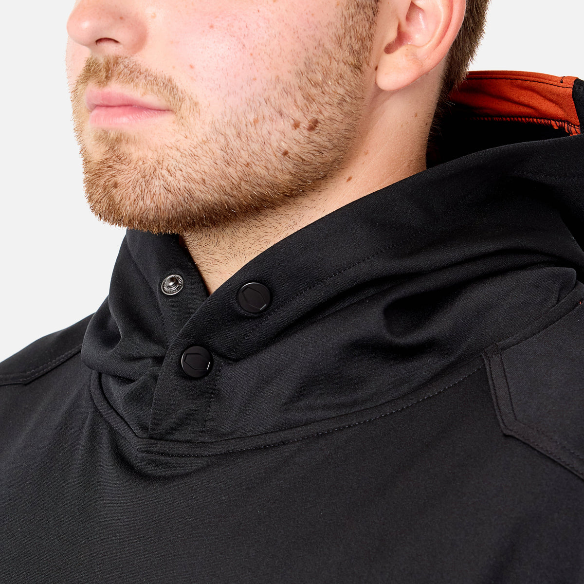 Front of button snaps of the BRUNT light weight work hoodie in black * 1