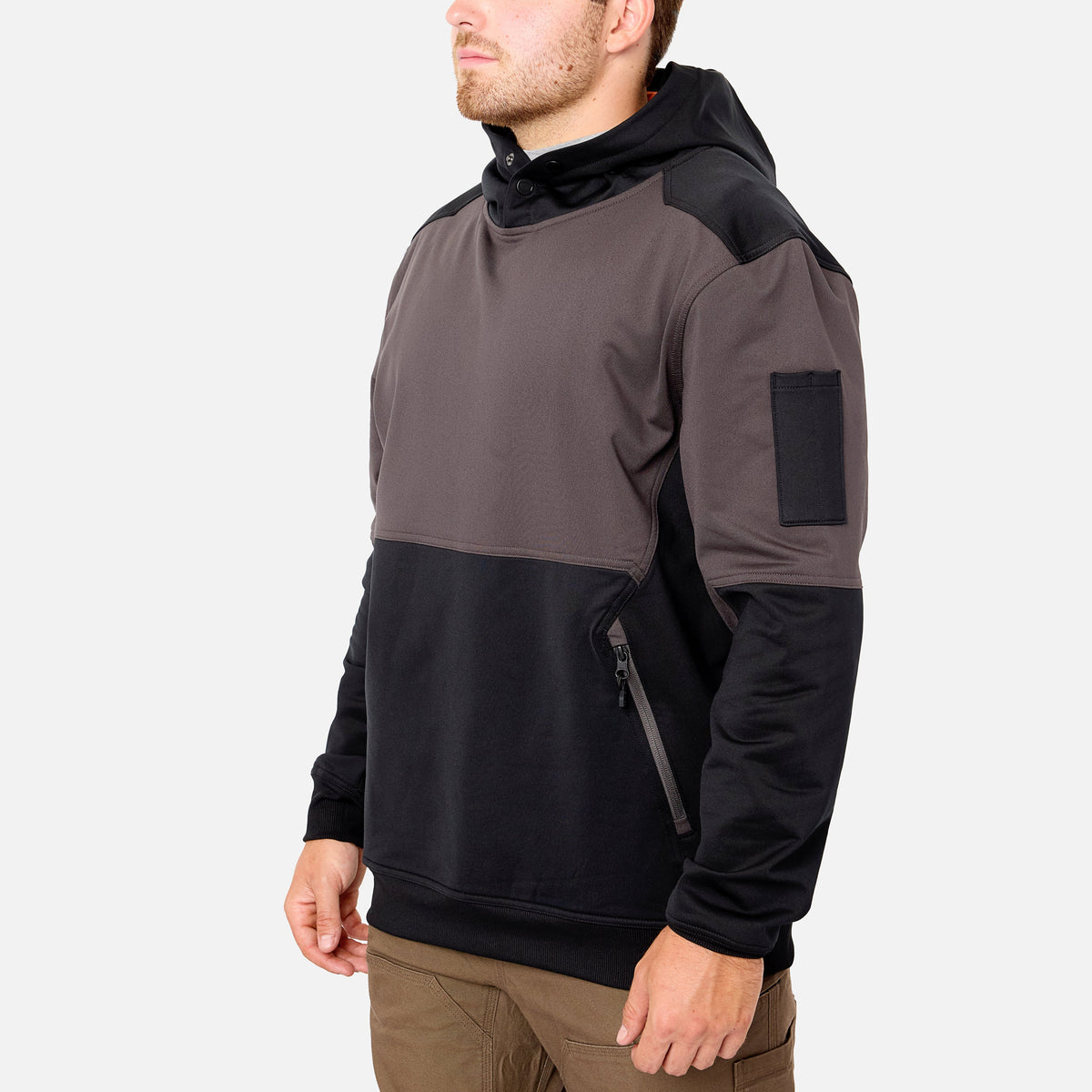 45 degree angle of the front left side of the BRUNT light weight work hoodie in charcoal * 0