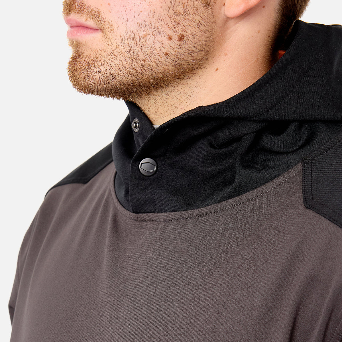 Front of button snaps of the BRUNT light weight work hoodie in charcoal * 0