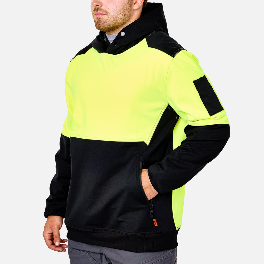 45 degree angle of the front left side of the BRUNT light weight work hoodie in hi-vis yellow * 2
