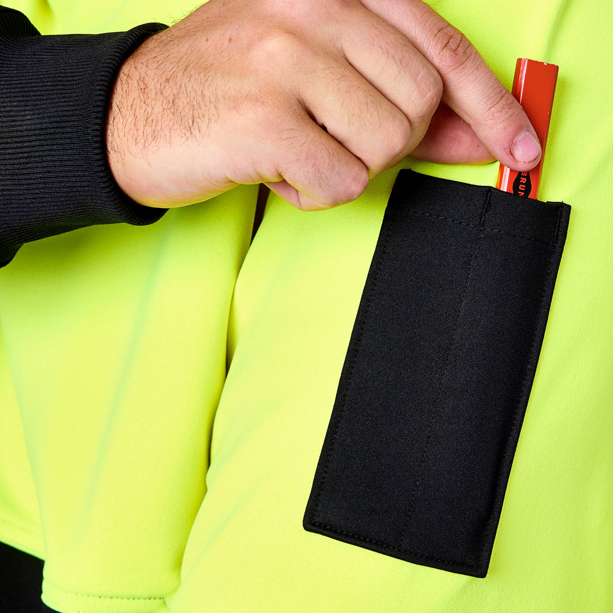 View 2 pencil pocket on sleeve of the BRUNT light weight work hoodie in hi-vis yellow * 2