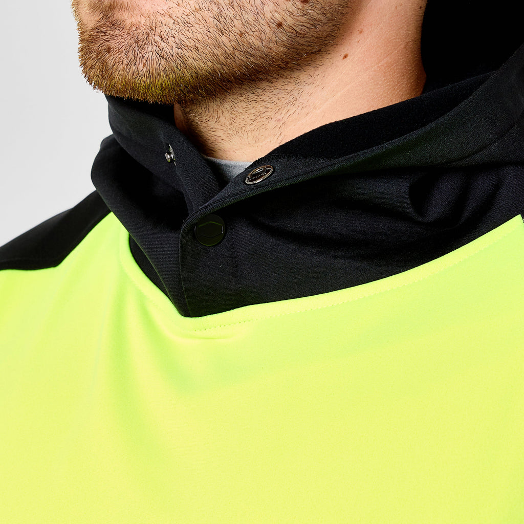 Front of button snaps of the BRUNT light weight work hoodie in hi-vis yellow * 2