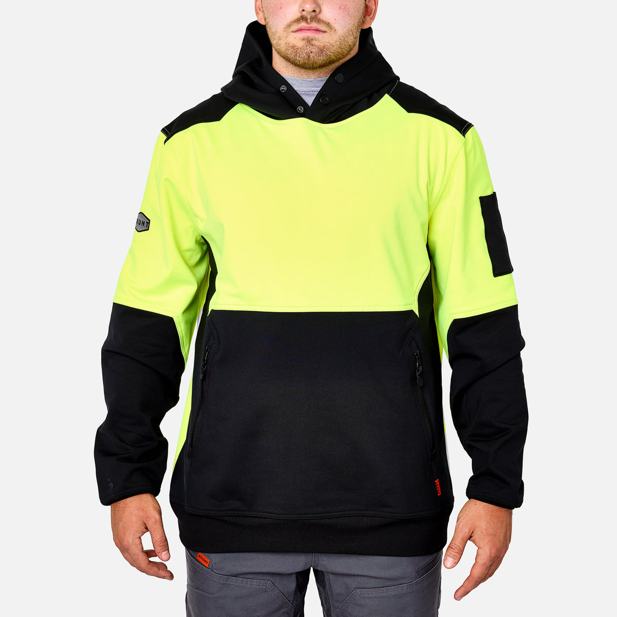 View 1 front of the BRUNT light weight work hoodie in hi-vis yellow * 2
