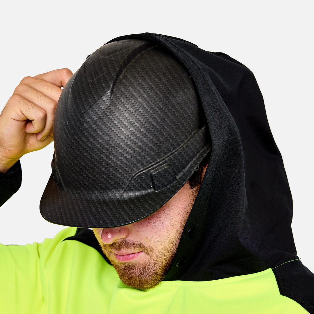 Hard hat compatible hood of the BRUNT light weight work hoodie in hi-vis yellow * 2
